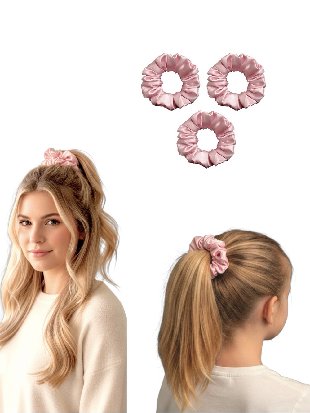 Pink Satin Hair Scrunchies Set - Picture 4 of 10